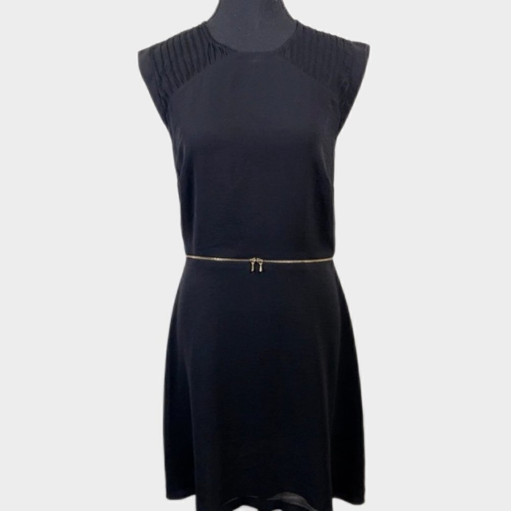 Sandro Paris Fit And Flare Gold Tone Waist Chiffon Black Dress